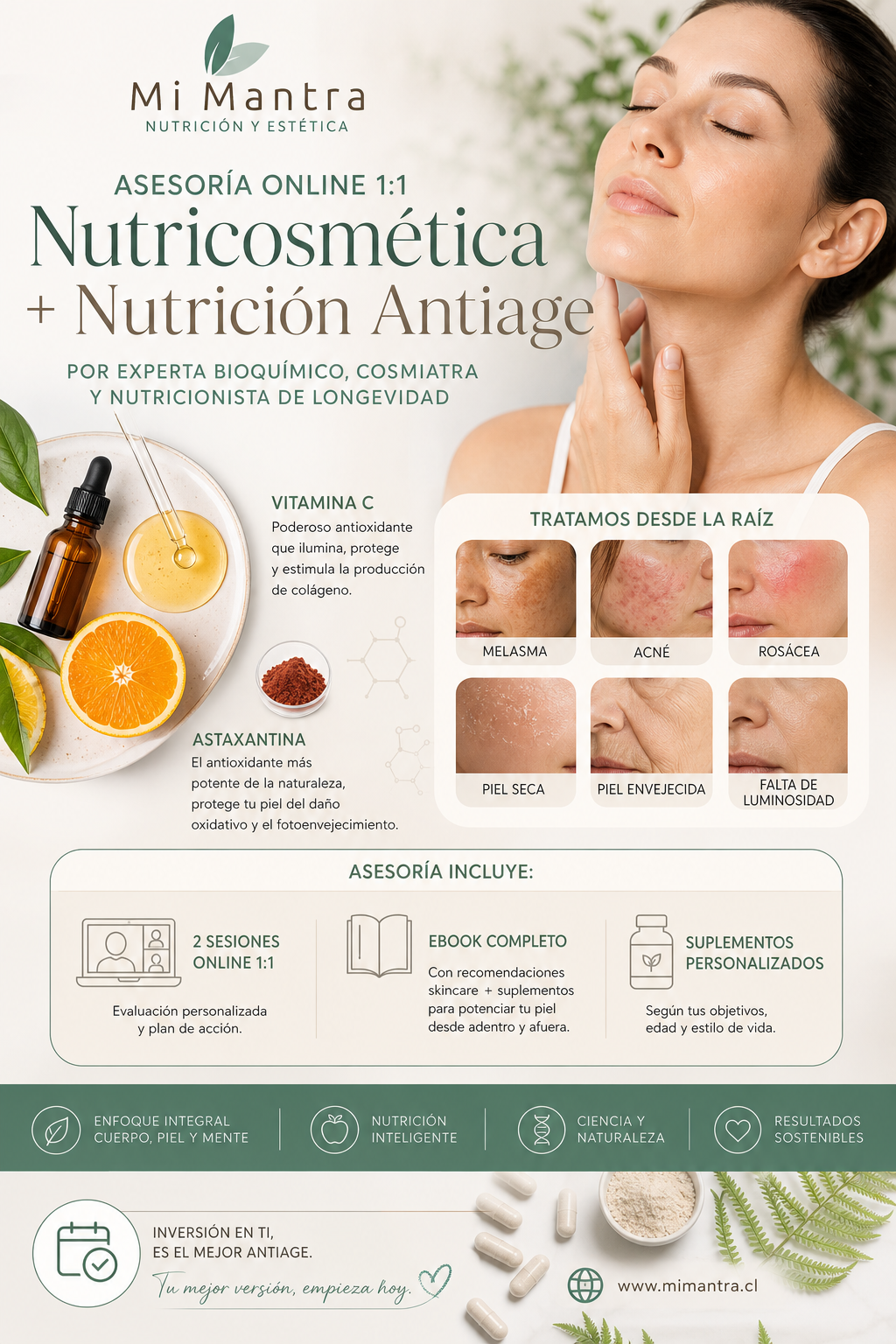 Asesoría online 1:1 Nutricosméticos + Nutrición antiage + ebook personalizado