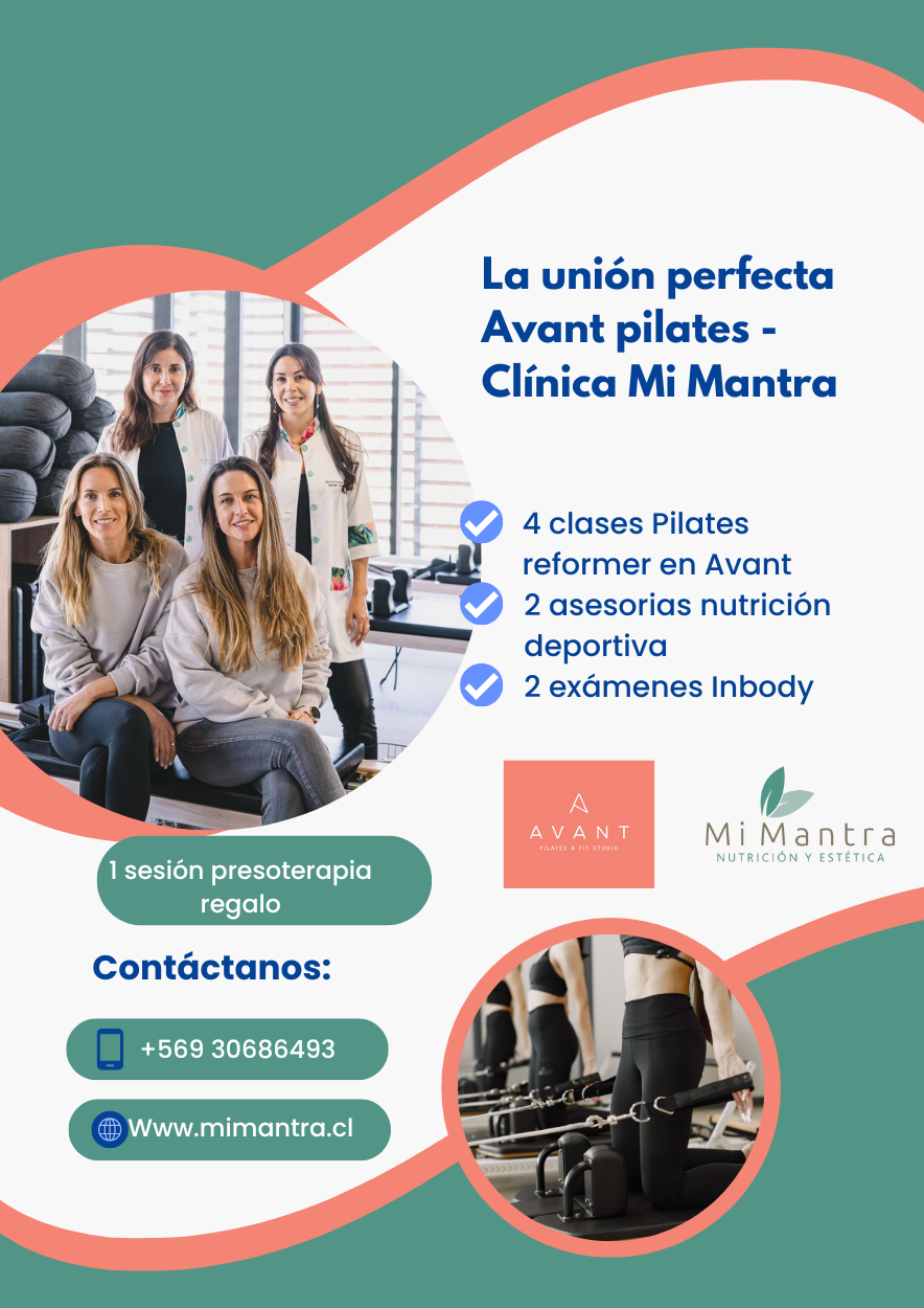 4 clases Pilates reformer en Avant Pilates + 2 asesorías en Nutrición deportiva + 1 sesión presoterapia regalo
